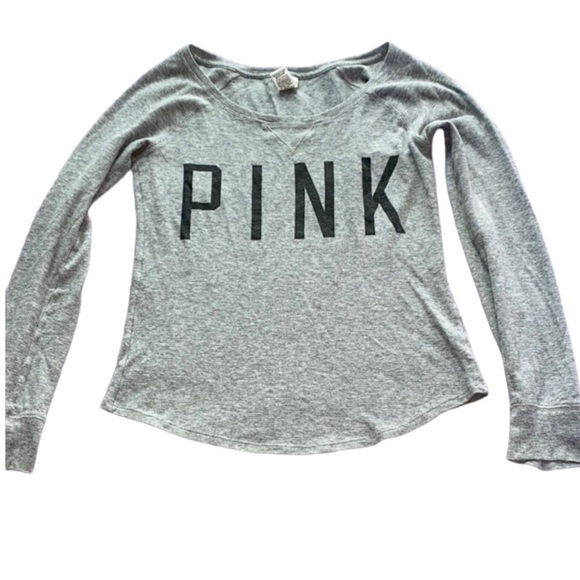 PINK Victoria's Secret Tops - VS PINK gray thermal long sleeve top logo Small grey waffle knit pjs pajama